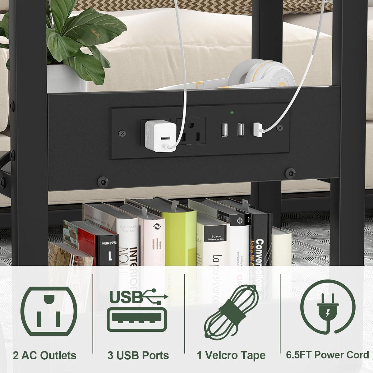 Armocity C Shaped End Table Height Adjustable - Couch Side Table with Charging Station, TV Tray with Wheels Slide Under Sofa for Small Spaces, Living Room Bedroom, Black