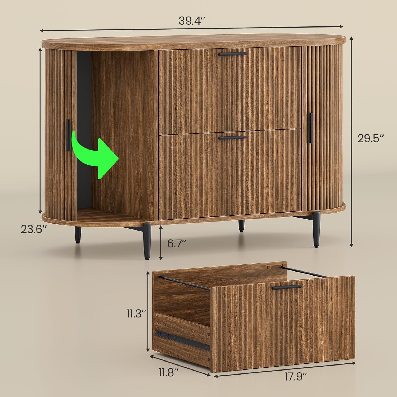 SEDETA Fluted 2 Drawer File Cabinet with 2 Sliding Door for Home Office | 39.4" Filing Cabinet for Home Office,fit Legal/Letter/A4 Siz,Modern File Cabinet with 2 Drawers,Printer Stand,Brown