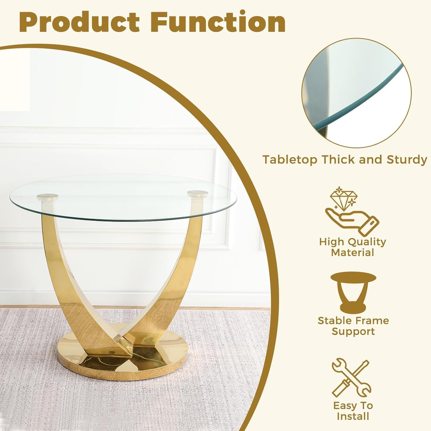 38.9 Inch Round Glass Dining Table Set for 4, Golden Round Kitchen Table with 4 Upholstered Velvet Accent Chairs, 5 Piece Modern Dining Room Set, for Home, Apartment, Kitchen - Red Chairs
