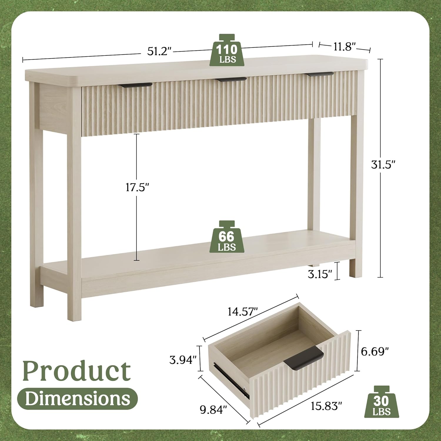 Lulive Fluted Console Table, 51 Inch Entryway Table with 3 Drawers | Scandi farmhouse look with quiet full-extension slides, open lower shelf, profile for hallway, entry, foyer or behind sofa.