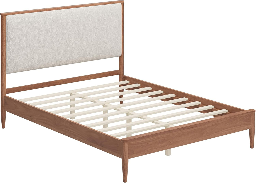 SOFTSEA Solid Wood Queen Bed Frame with Upholstered Headboard, Mid Century Modern Platform Bed Queen Size with Tapered Legs, Walnut