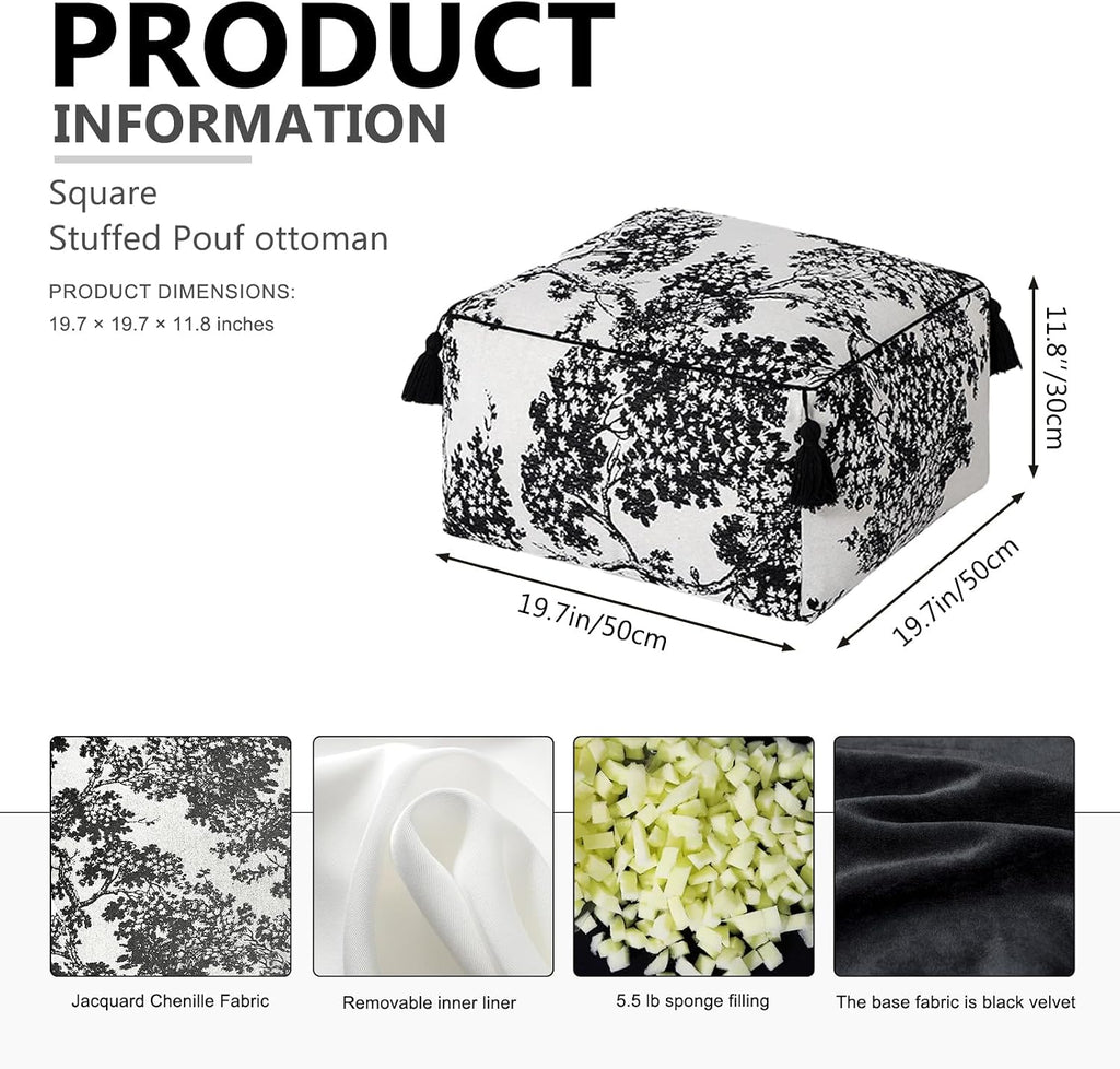 Chenille Square Pouf Ottoman - Foot Stool for Living Room & Bedroom | Soft ottoman with tassels. Removable cover. High-resilience foam. Flannelette base. Tree decor. Step for dogs. 19.7x11.8in