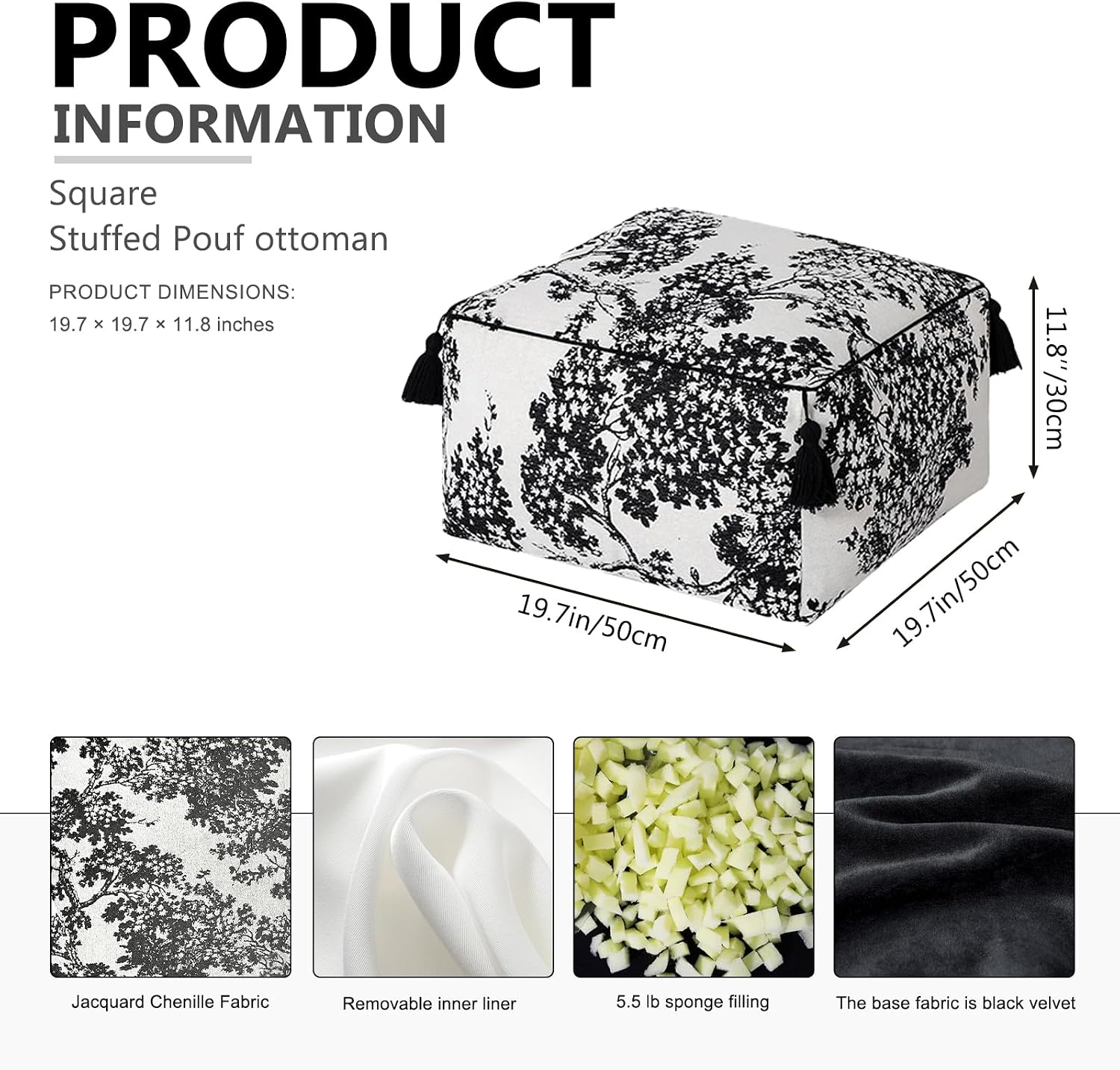 Chenille Square Pouf Ottoman - Foot Stool for Living Room & Bedroom | Soft ottoman with tassels. Removable cover. High-resilience foam. Flannelette base. Tree decor. Step for dogs. 19.7x11.8in