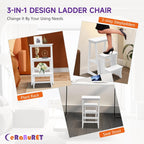 Solid Wood Folding Library Ladder Chair, Lightweight Portable Multifunctional Step Stool, 3-Step Stool Stepladders, Display Stand and Flower Stand for Kitchens, Garages (White)