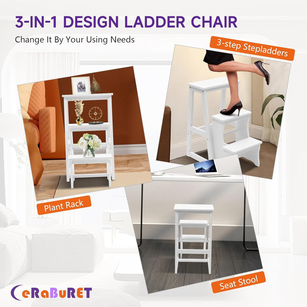 Solid Wood Folding Library Ladder Chair, Lightweight Portable Multifunctional Step Stool, 3-Step Stool Stepladders, Display Stand and Flower Stand for Kitchens, Garages (White)