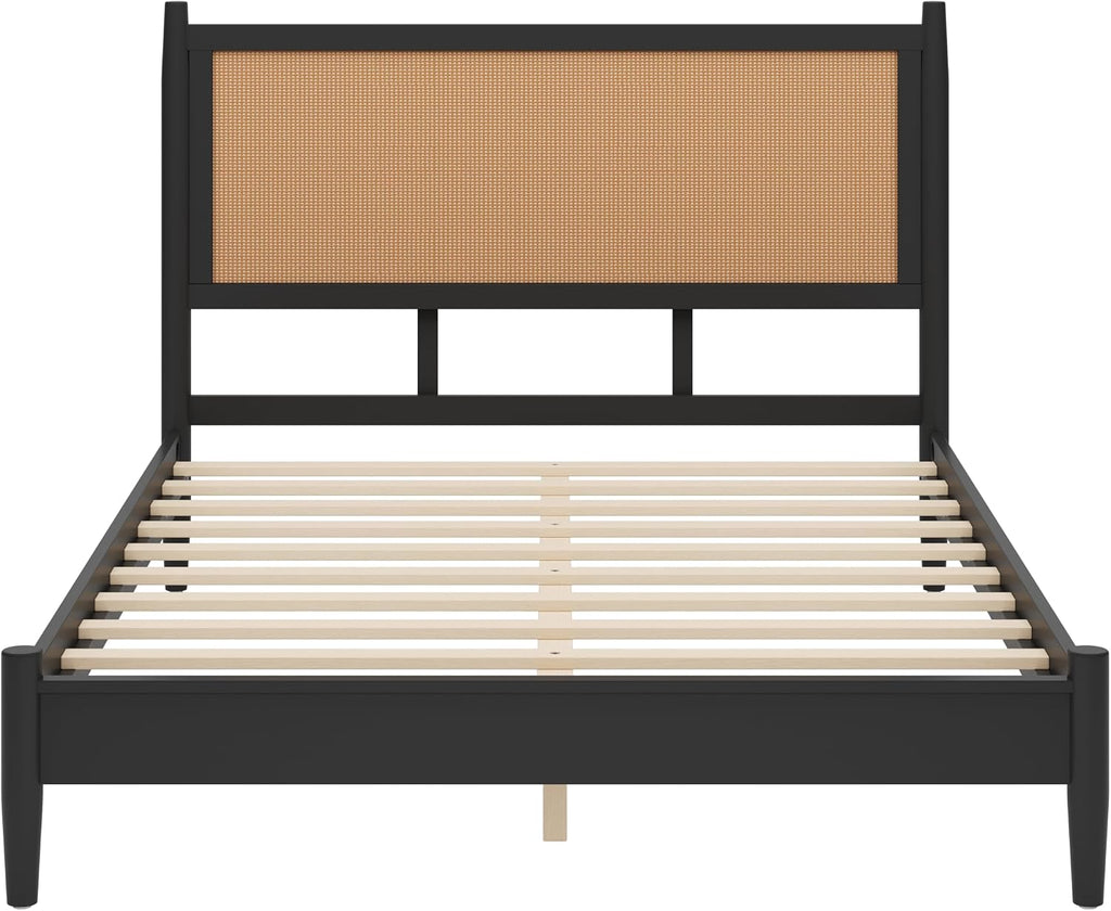Merax Black Queen Size Platform Bed Frame with Rattan Headboard