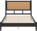 Merax Black Queen Size Platform Bed Frame with Rattan Headboard