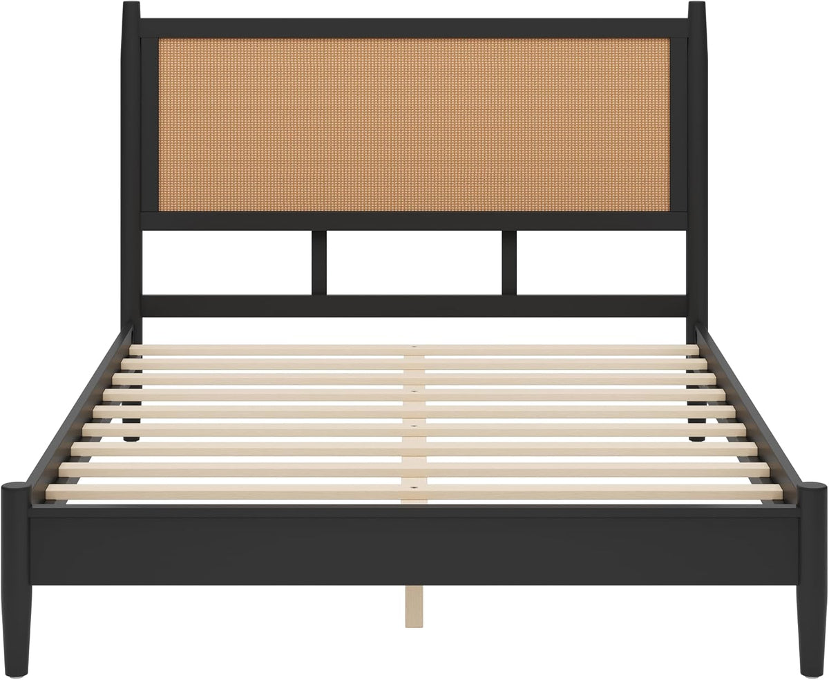 Merax Black Queen Size Platform Bed Frame with Rattan Headboard