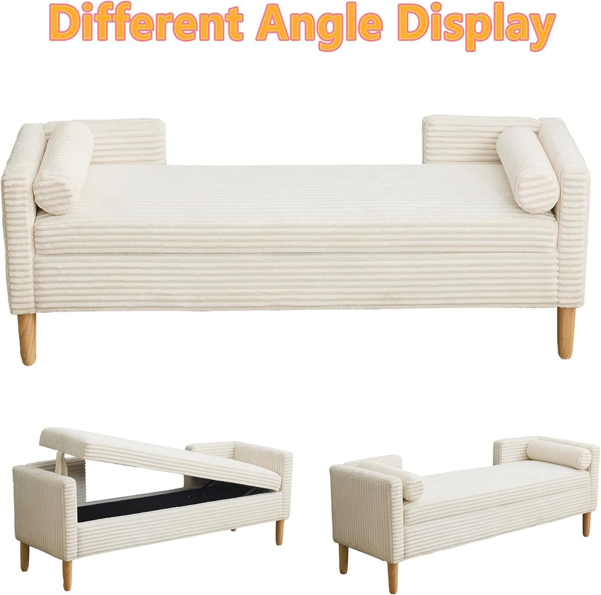 Corduroy Bed End Ottoman Bench with Storage,Upholstered Storage Benches with Back and Arms,65.35" Long Armed Storage Bench for Living Room,Bedroom,Entryway,Window (Ivory White, 65.35“)