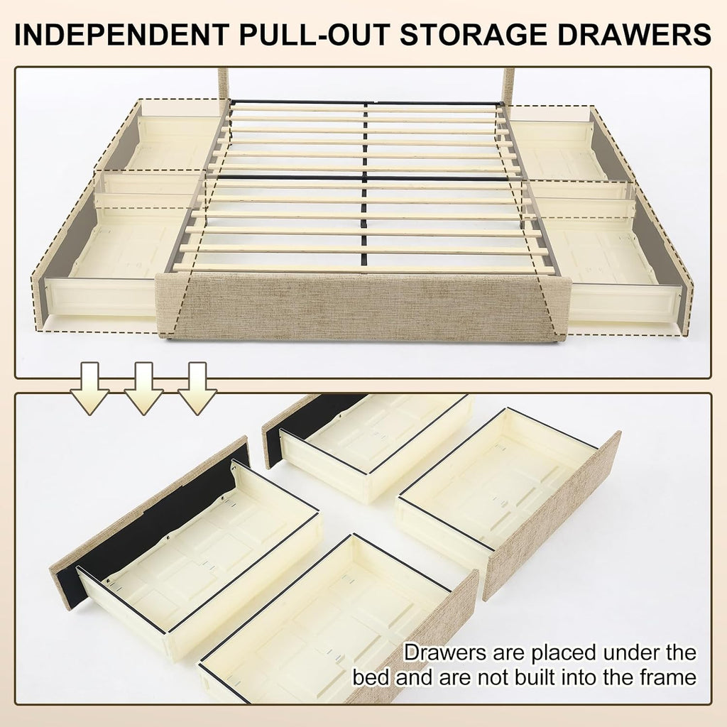 VELOCAVA Queen Storage Bed Frame with Curved Wingback Headboard, Linen-Look Upholstered Platform Bed Frame with 4 Pull-Out Drawers, Wood Slat Support, No Box Spring Needed, Beige