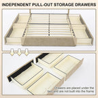 VELOCAVA Queen Storage Bed Frame with Curved Wingback Headboard, Linen-Look Upholstered Platform Bed Frame with 4 Pull-Out Drawers, Wood Slat Support, No Box Spring Needed, Beige