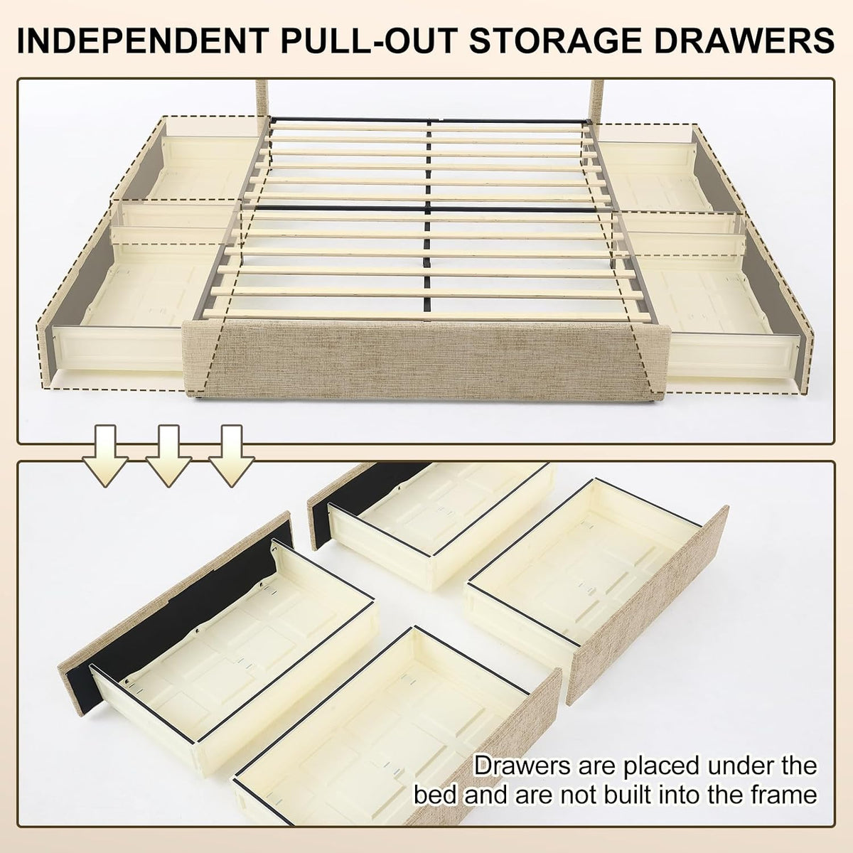 VELOCAVA Queen Storage Bed Frame with Curved Wingback Headboard, Linen-Look Upholstered Platform Bed Frame with 4 Pull-Out Drawers, Wood Slat Support, No Box Spring Needed, Beige
