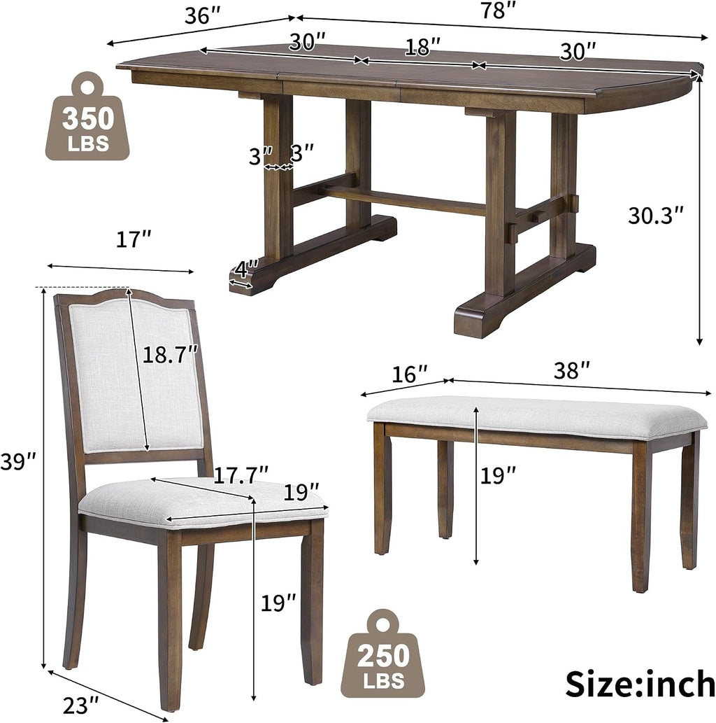 6-Piece Dining Table Set, 60inch to 78inch Extendable Wood Dining Table with Removable Leaf, Kitchen Table Set with 4 Upholstered Side Chair and Bench, Dining Table Set for 6 (Brown)