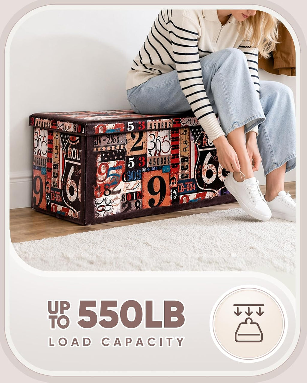 B FSOBEIIALEO Folding Storage Ottoman Bench, 30" Ottoman with Storage | Route 66 Faux Leather Foot Rest Chest Seat, Coffee Table, Storage Bench for Bedroom