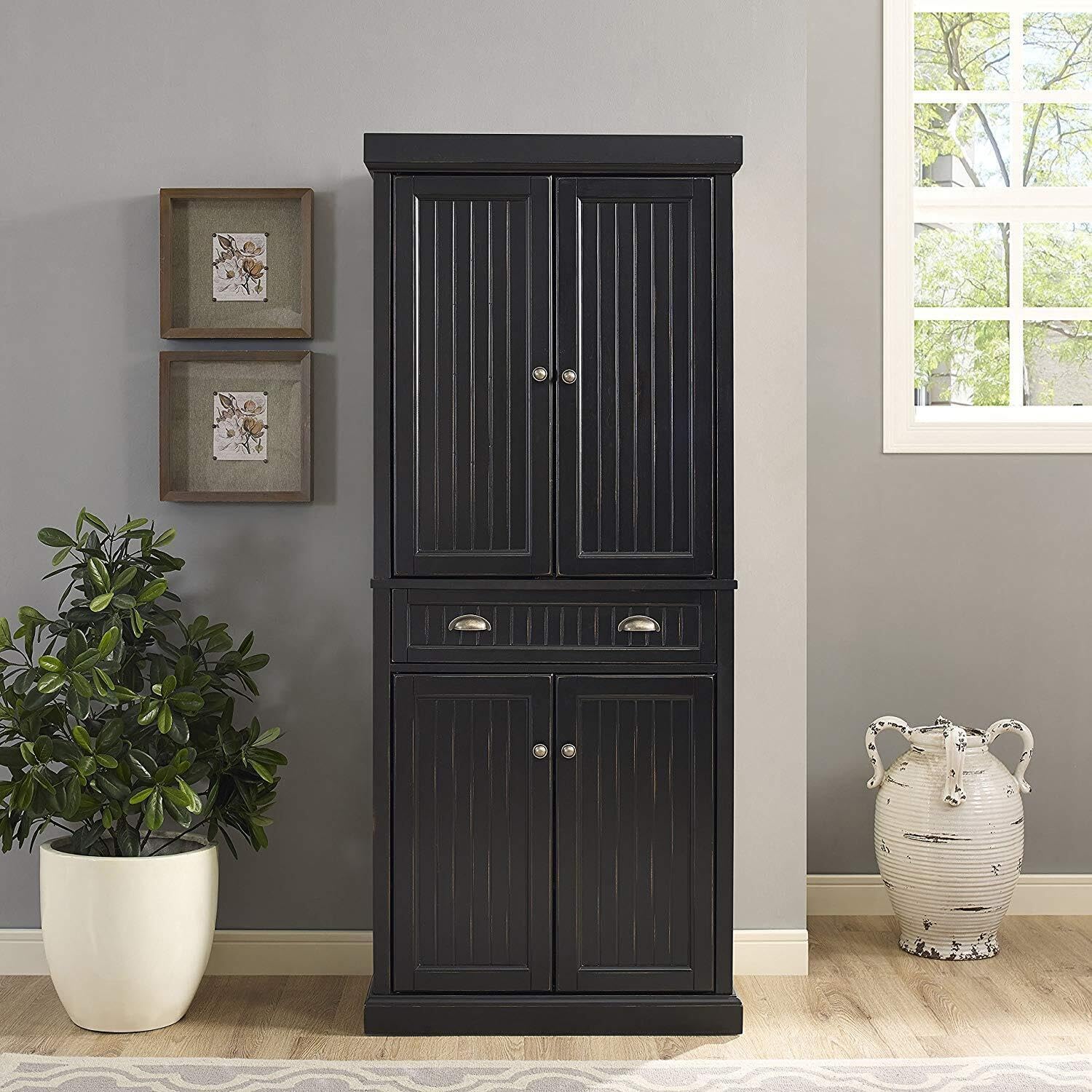 Maykoosh Kitchen Pantry Cabinet - Large Storage, Adjustable Shelves, Distressed Black Finish
