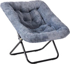 DUMOS Faux Fur Saucer Chair for Adults, Living Room Folding Lounge Chair | Comfy Soft Square Oversized Chair with Metal Frame Moon Seat, Portable Anti-Slip for Living Bedroom Dorm, Grey
