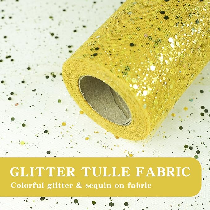 Glitter Tulle Rolls, 6” by 50 Yards (150FT) Sparkling Tulle Spool Ribbon Sequin Tulle Netting Fabric for Tutu Skirt Wedding Birthday Baby Shower (Yellow)