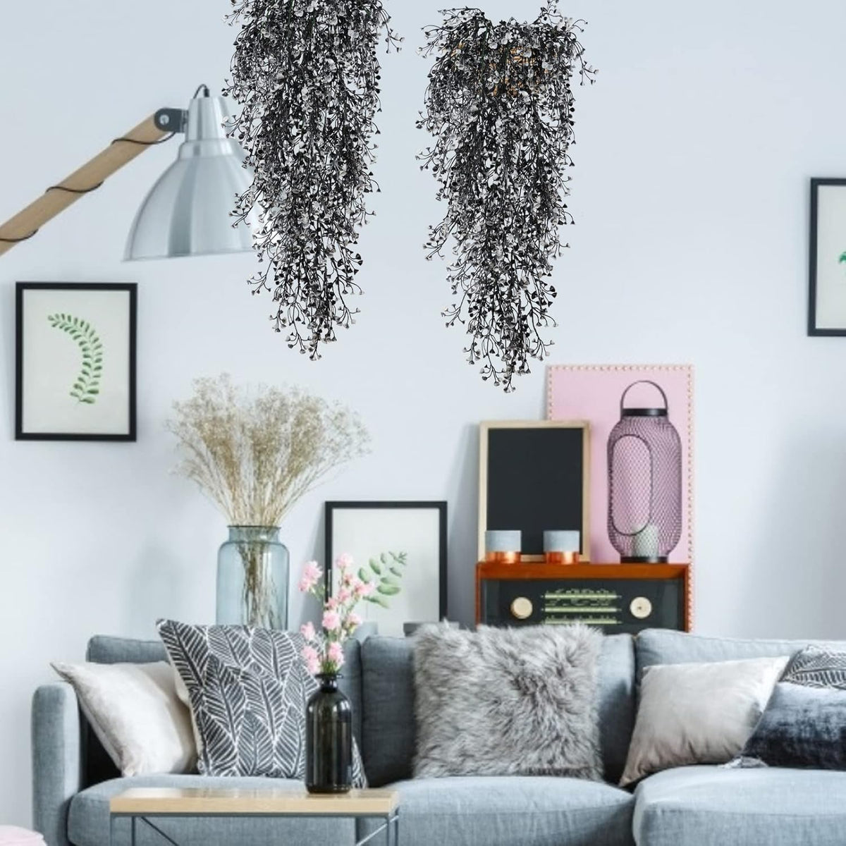 RECUTMS Artificial Hanging Plants 4 Pcs Fake Ferns Artificial Plants Large Faux Hanging Plant Wall Plants Fake Ivy Room Home Garden Wedding Halloween Party Indoor Outdoor Decor(Black White)