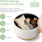 29" Boucle Upholstered Round Storage Ottoman with Solid Wood Legs, Modern Coffee Table Ottoman with Reversible Lid, Large Round Ottoman with Storage for Living Room (Beige, Boucle)