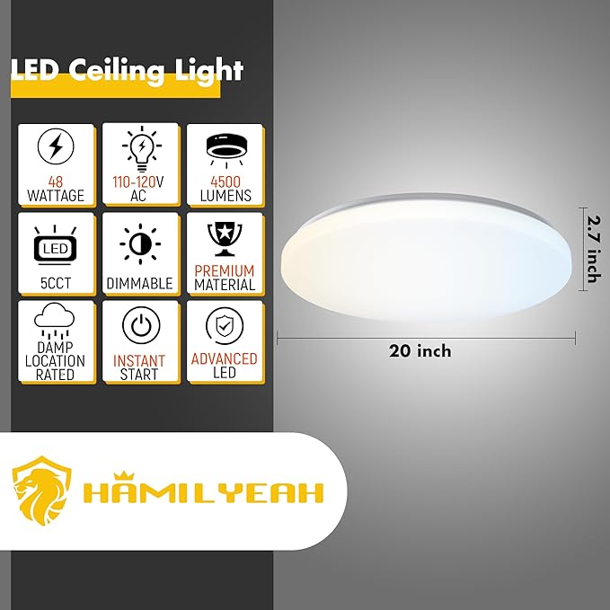 Hamilyeah 20 inch Ceiling Light Flush Mount 48W, Dimmable LED Ceiling Light Fixture, Simple Close to Ceiling Light 5CCT for Living Room, Dining Room, Bedroom, Hotel, Office