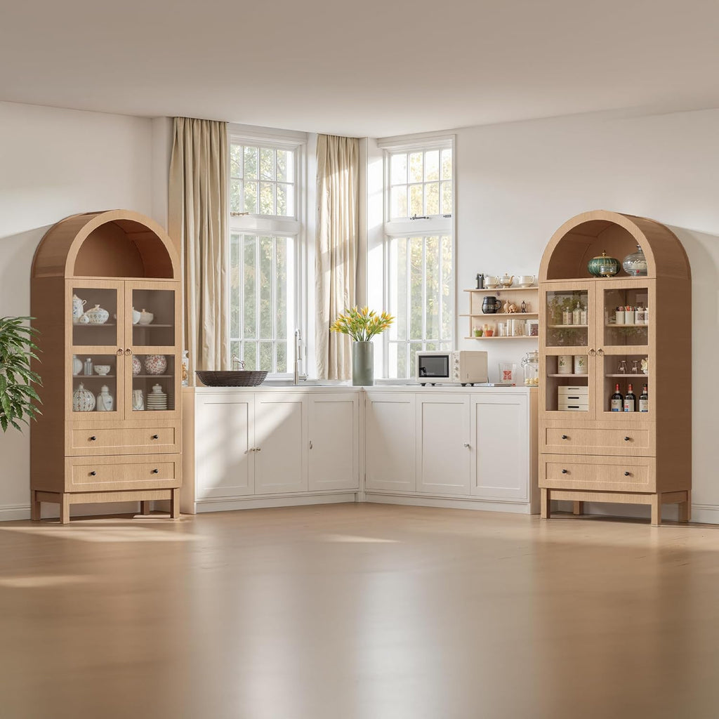 71" Tall Arched Kitchen Pantry, Storage Cabinet with Glass Doors, 2 Large Drawers & 3 Adjustable Shelves, Modern Farmhouse Design for Home Kitchens, Small Homes & Apartments