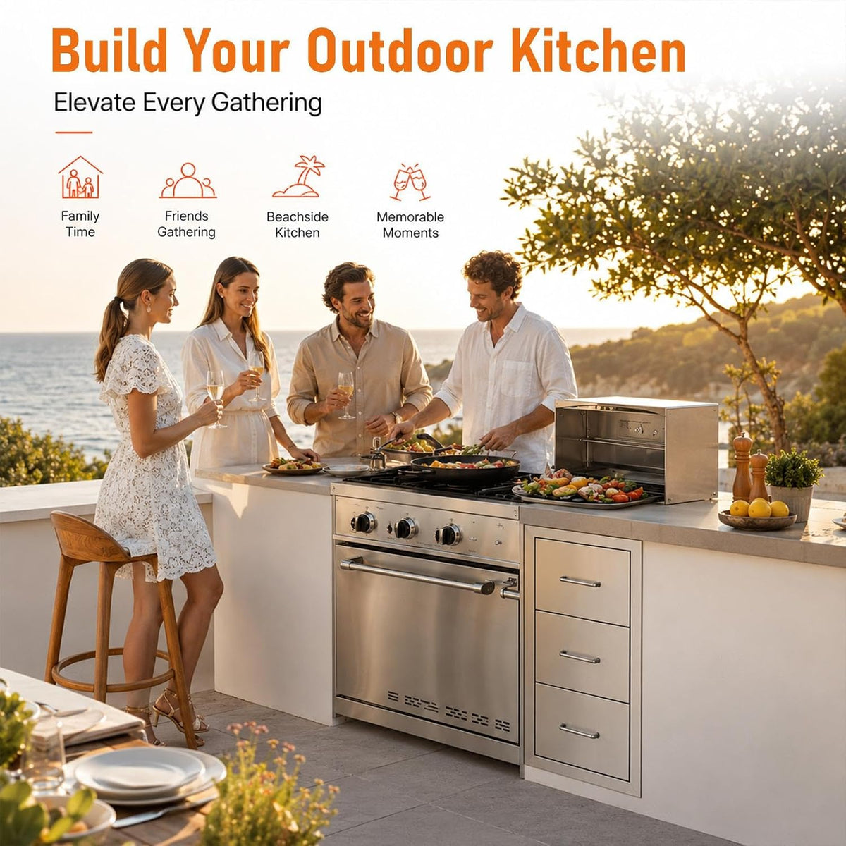 Outdoor Kitchen Drawers, 17" W x 30" H x 21" D Stainless Steel BBQ Drawer with Paper Towel Holder Combo, Flush Mount Triple Access Drawers with Handle for Outdoor Kitchen Island, Patio Grill Station