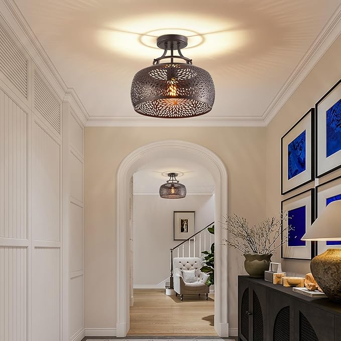 WUZUPS Chandelier Rustic Farmhouse Industrial Round Semi-flushmount Ceiling LED Light Fixture with Later-Cut Openwork Drum Shade, H 11.8" x W 13.4", Oil Rubbed Bronze