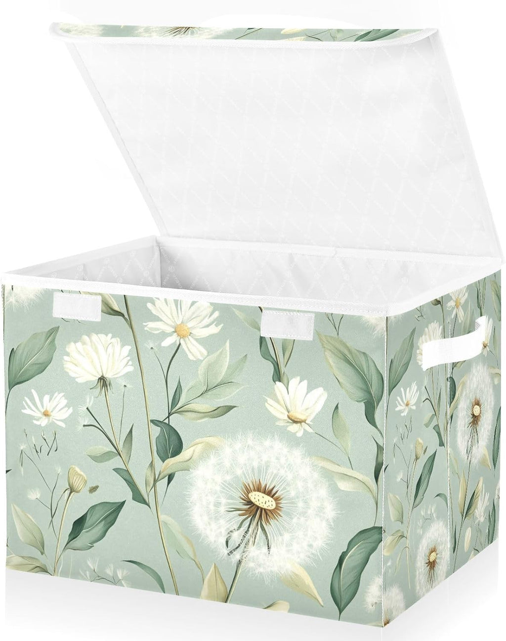 Collapsible Storage Bins with Lids Decorative Fabric Storage Cubes Closet Organizer Basket Boxes Containers for Clothes Box Chest Folding Rectangle Spring Sage Green Dandelions Daisy Flower