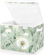 Collapsible Storage Bins with Lids Decorative Fabric Storage Cubes Closet Organizer Basket Boxes Containers for Clothes Box Chest Folding Rectangle Spring Sage Green Dandelions Daisy Flower