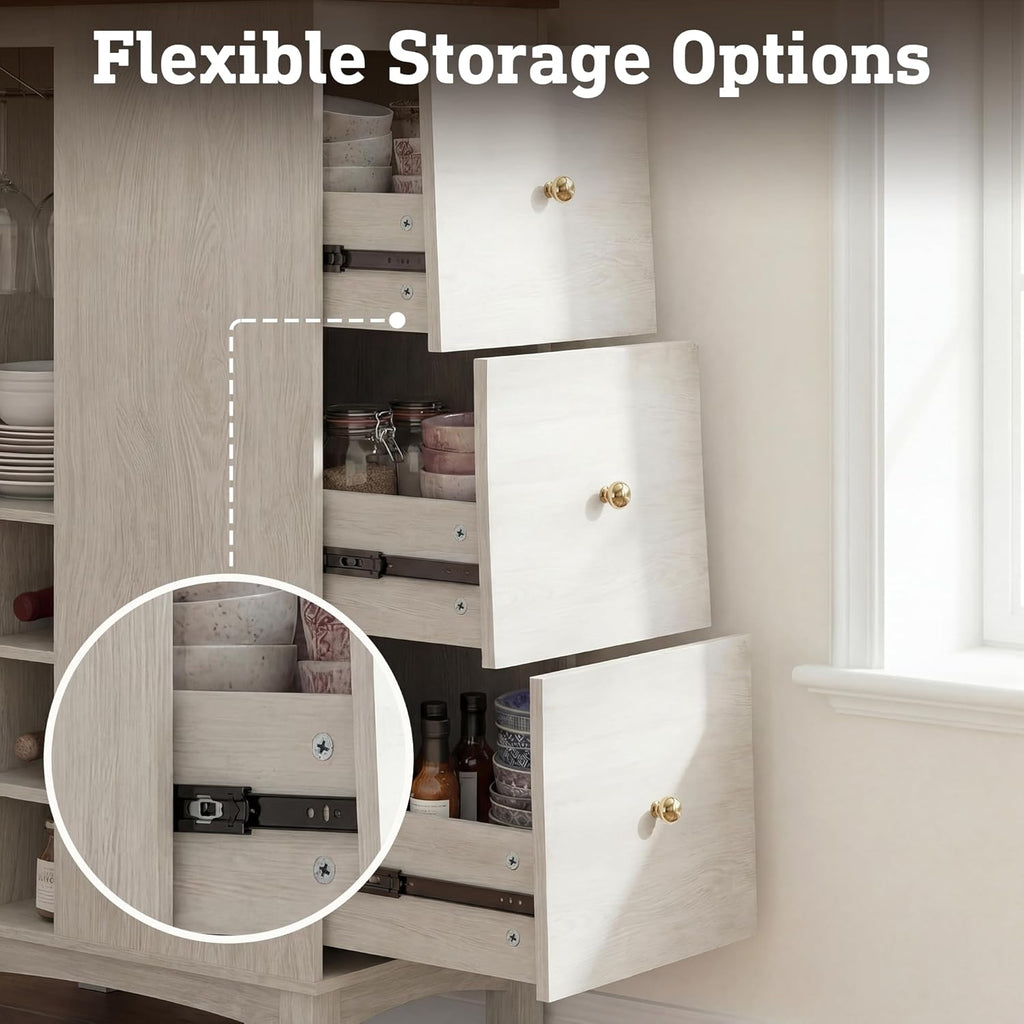 Corner Cabinet with Charging Station,L-Shaped Kitchen Pantry Storage Cabinet with 3 Drawers,Freestanding Kitchen Pantry Cabinets with Wine Rack,Glass Rack,Sliding Door for Dining Room (White)