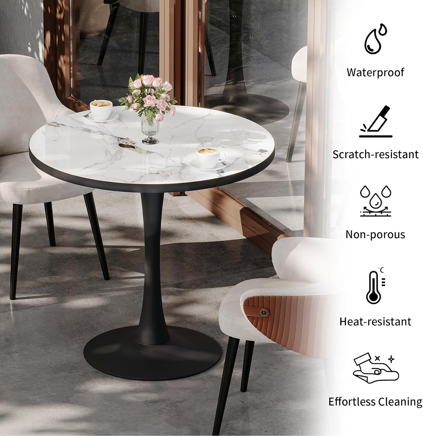 Wisfor Kitchen Dining Table Coffee Table: Round 30 Inch Sintered Stone High Gloss White Tabletop Dinner Tables with Black Round Pedestal Base for Home Bar Shop Restaurant
