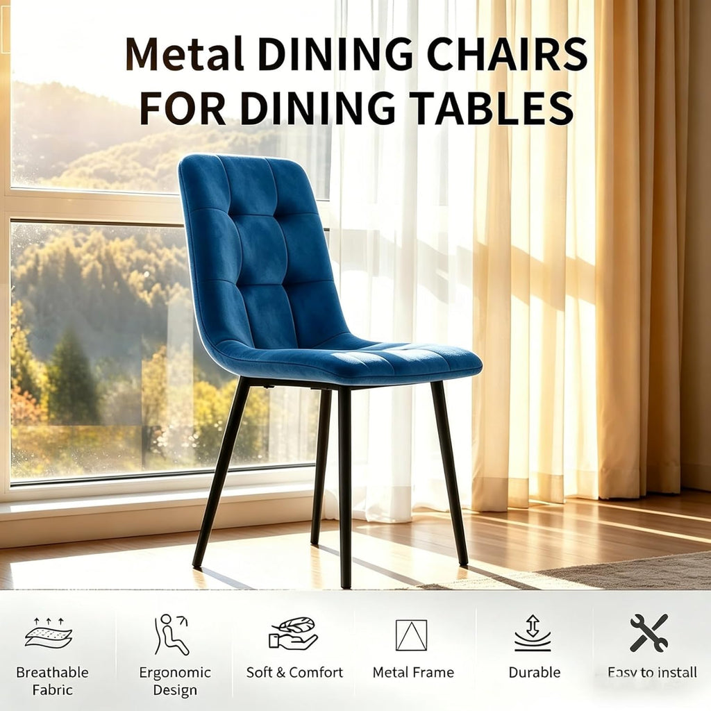 Velvet Dining Chairs Set of 4, Mid Century Upholstered Blue Dining Chairs Tufted Upholstered Kitchen Chairs Set of 4 for Dining Room, Bedroom, Living Room (Blue, Set of 4)