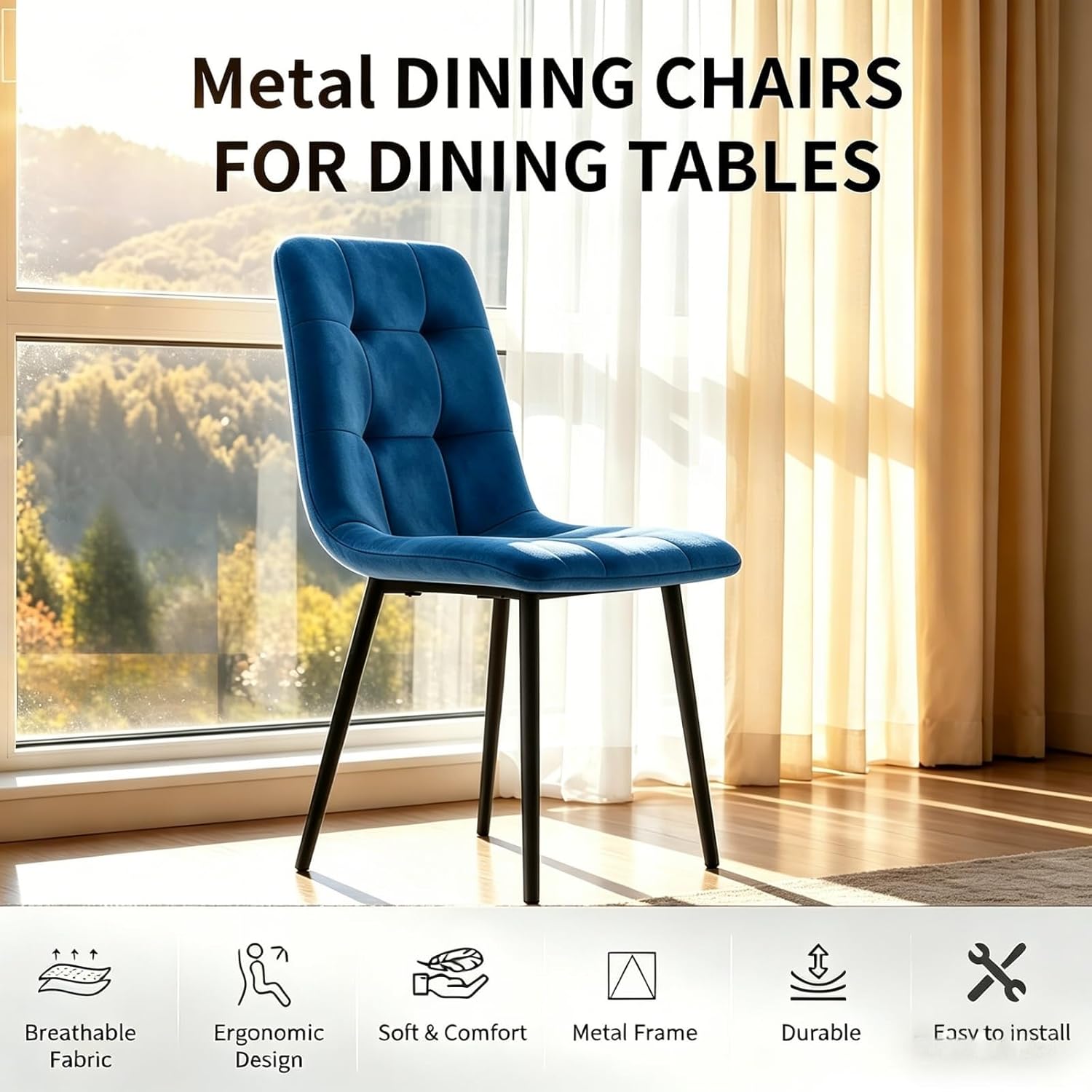 Velvet Dining Chairs Set of 4, Mid Century Upholstered Blue Dining Chairs Tufted Upholstered Kitchen Chairs Set of 4 for Dining Room, Bedroom, Living Room (Blue, Set of 4)