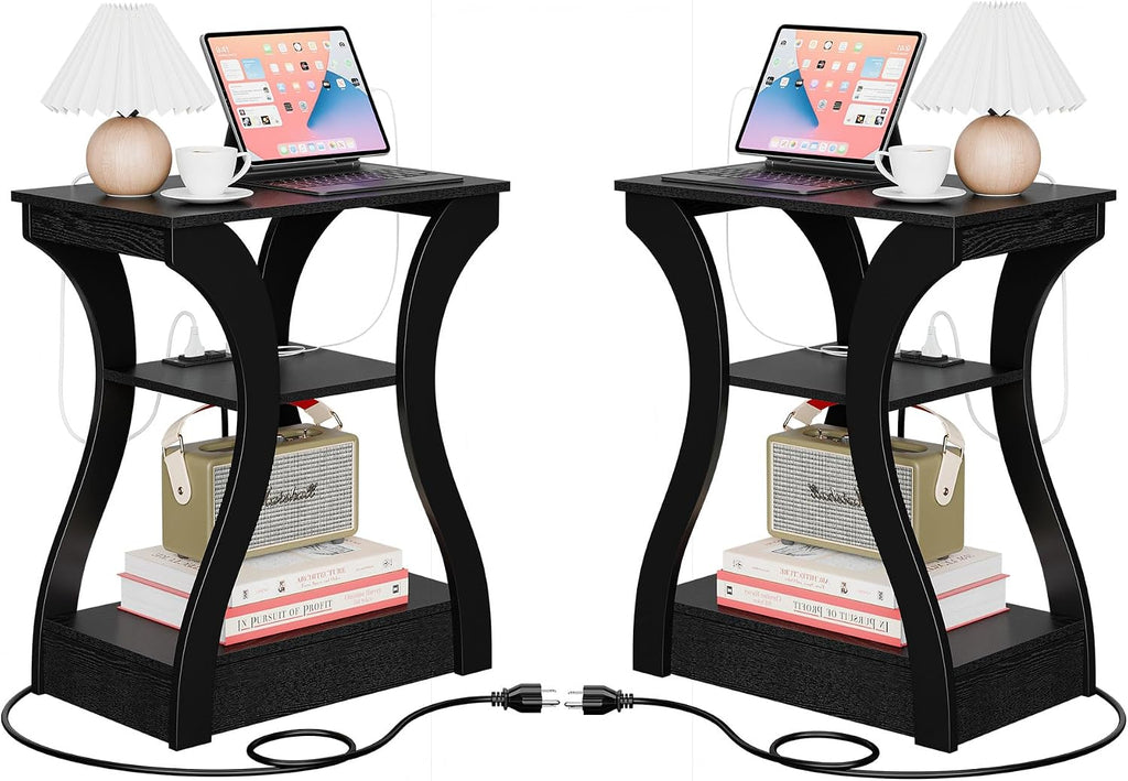 SUPER DEAL End Table Set of 2, Curved Frame Nightstand, Narrow Side Table with Charging Station for Living Room, Bedroom, Small Spaces, 2 USB and 2 Power Outlets, 19.6" W x 11.8" D x 23.4" H, Black