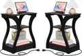 SUPER DEAL End Table Set of 2, Curved Frame Nightstand, Narrow Side Table with Charging Station for Living Room, Bedroom, Small Spaces, 2 USB and 2 Power Outlets, 19.6" W x 11.8" D x 23.4" H, Black