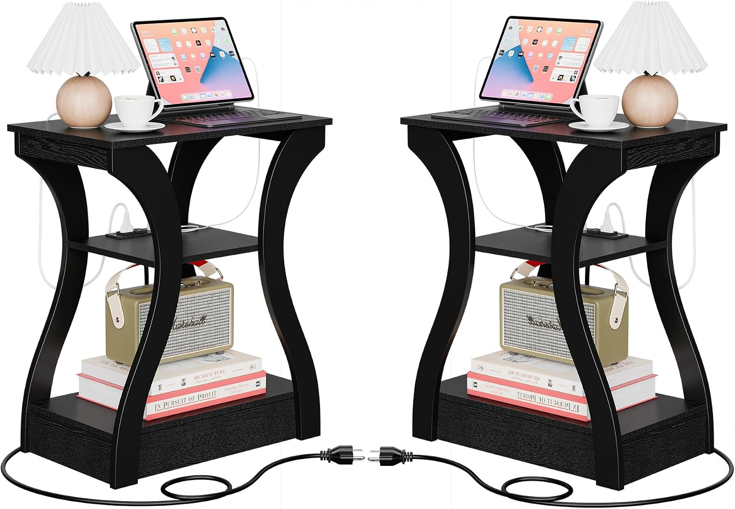 SUPER DEAL End Table Set of 2, Curved Frame Nightstand, Narrow Side Table with Charging Station for Living Room, Bedroom, Small Spaces, 2 USB and 2 Power Outlets, 19.6" W x 11.8" D x 23.4" H, Black