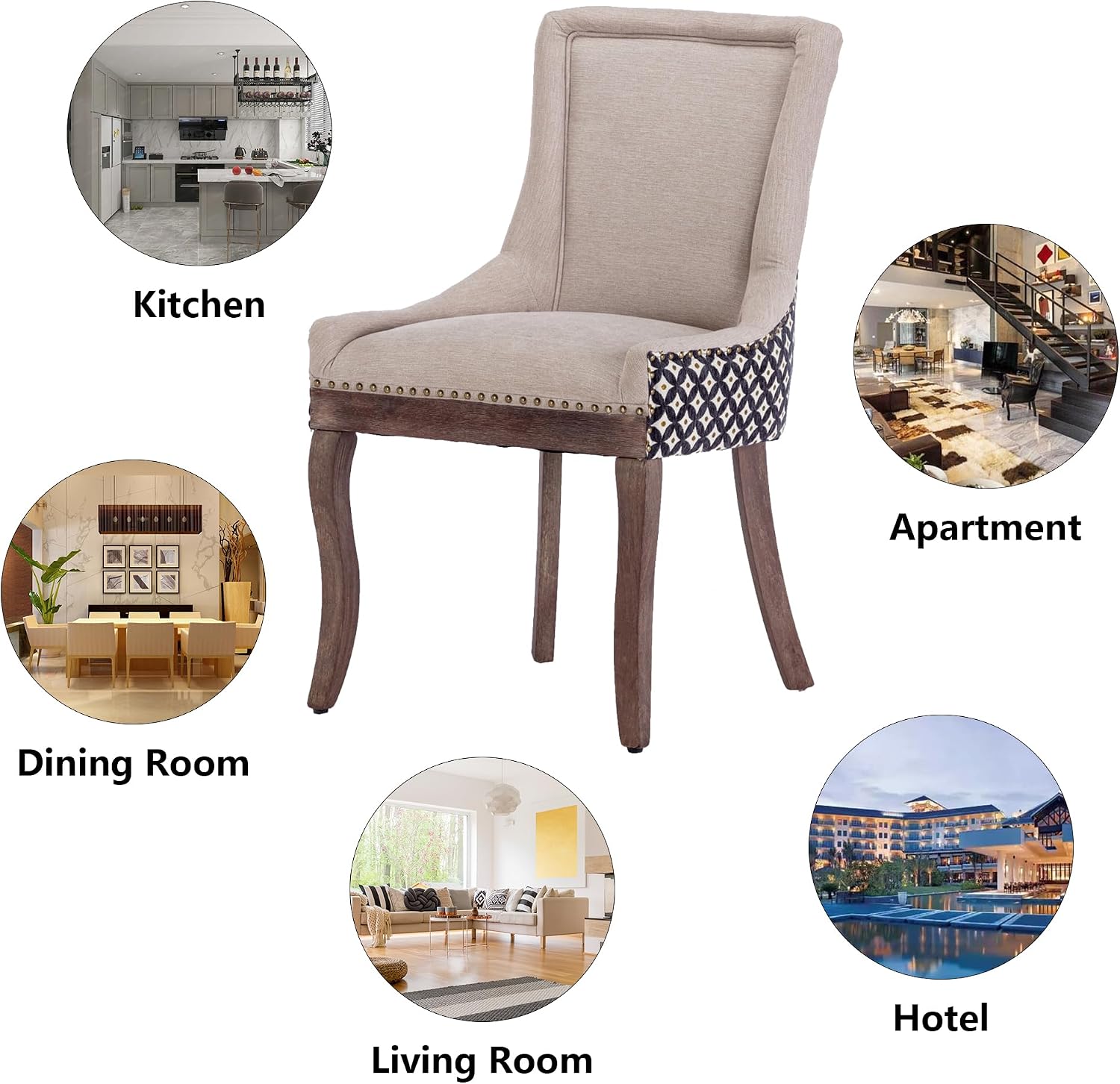 Farmhouse Dining Chairs Set of 2, Upholstered Fabric Dining Room Accent Chairs with Wood Legs & Bronze Nailhead, High Wingback Kitchen Chairs for Living Room Hotel Apartment, Beige Patterned