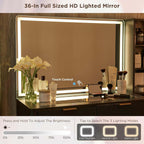 T4TREAM Fluted Makeup Vanity Desk with 36" HD Lighted Mirror, 48" Big Modern Vanity Desk with Mirror and Lights, Dressing Table with 5 Drawers & Shelves, Glass Top for Bedroom, Dark Grey