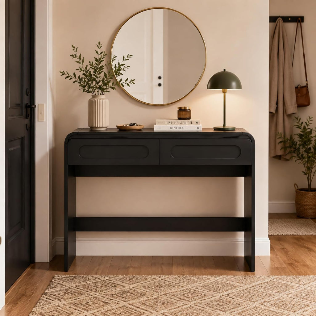 Vanity Desk, Makeup Vanity Desk with 2 Drawers and Storage Desktop Space | Modern Makeup Vanity Dressing Table with Curved Profile Design, Black Makeup Computer Writing Desk for Home Office Bedroom