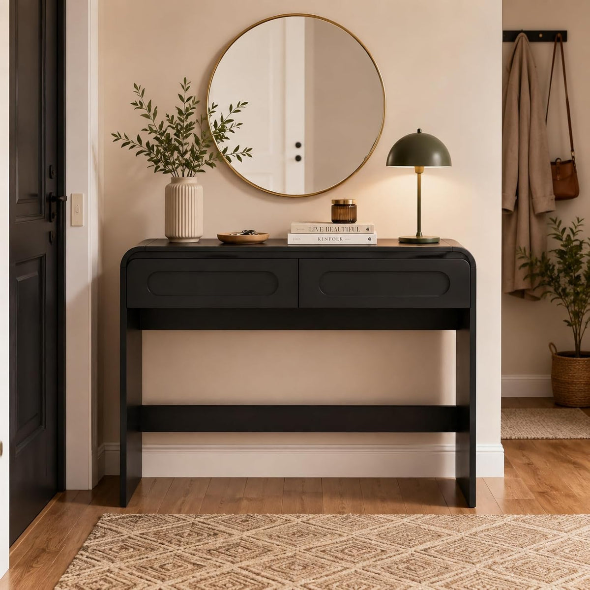 Vanity Desk, Makeup Vanity Desk with 2 Drawers and Storage Desktop Space | Modern Makeup Vanity Dressing Table with Curved Profile Design, Black Makeup Computer Writing Desk for Home Office Bedroom