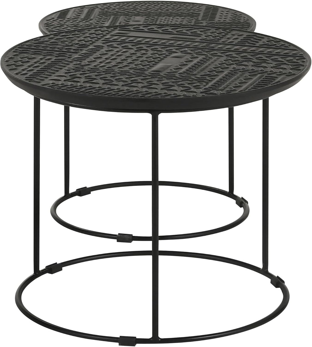 20" Sturdy Metal Frame Nesting Coffee Table, Boo Coffee Table with Embossed Tribal Pattern, Nesting Side Tables with Mango Wood top for Modern Indoor Spaces, Black