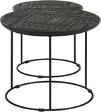 20" Sturdy Metal Frame Nesting Coffee Table, Boo Coffee Table with Embossed Tribal Pattern, Nesting Side Tables with Mango Wood top for Modern Indoor Spaces, Black