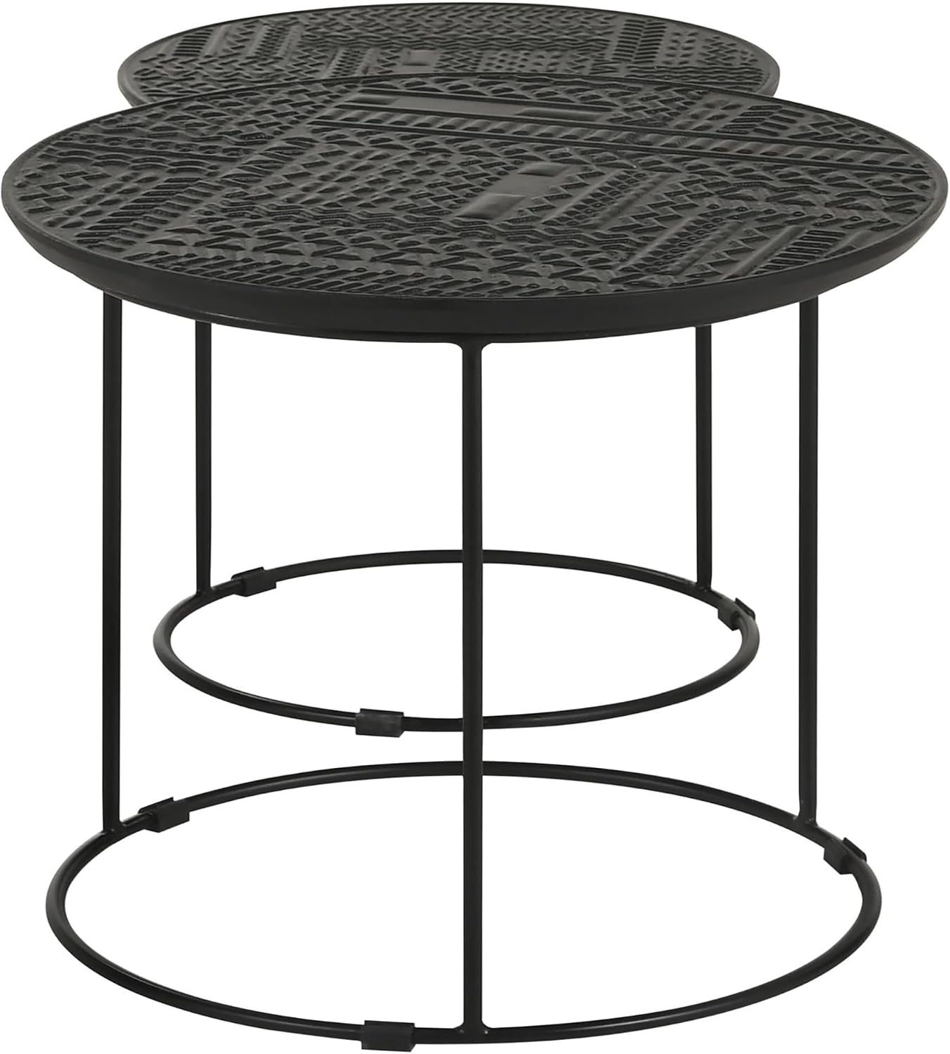 20" Sturdy Metal Frame Nesting Coffee Table, Boo Coffee Table with Embossed Tribal Pattern, Nesting Side Tables with Mango Wood top for Modern Indoor Spaces, Black