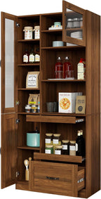 Walnut Kitchen Hutch Cabinet, Farmhouse Buffet Sideboard with Coffee Bar | Slide out tray, clear glass doors, open microwave counter, large bottom drawer, tall pantry cupboard, storage unit