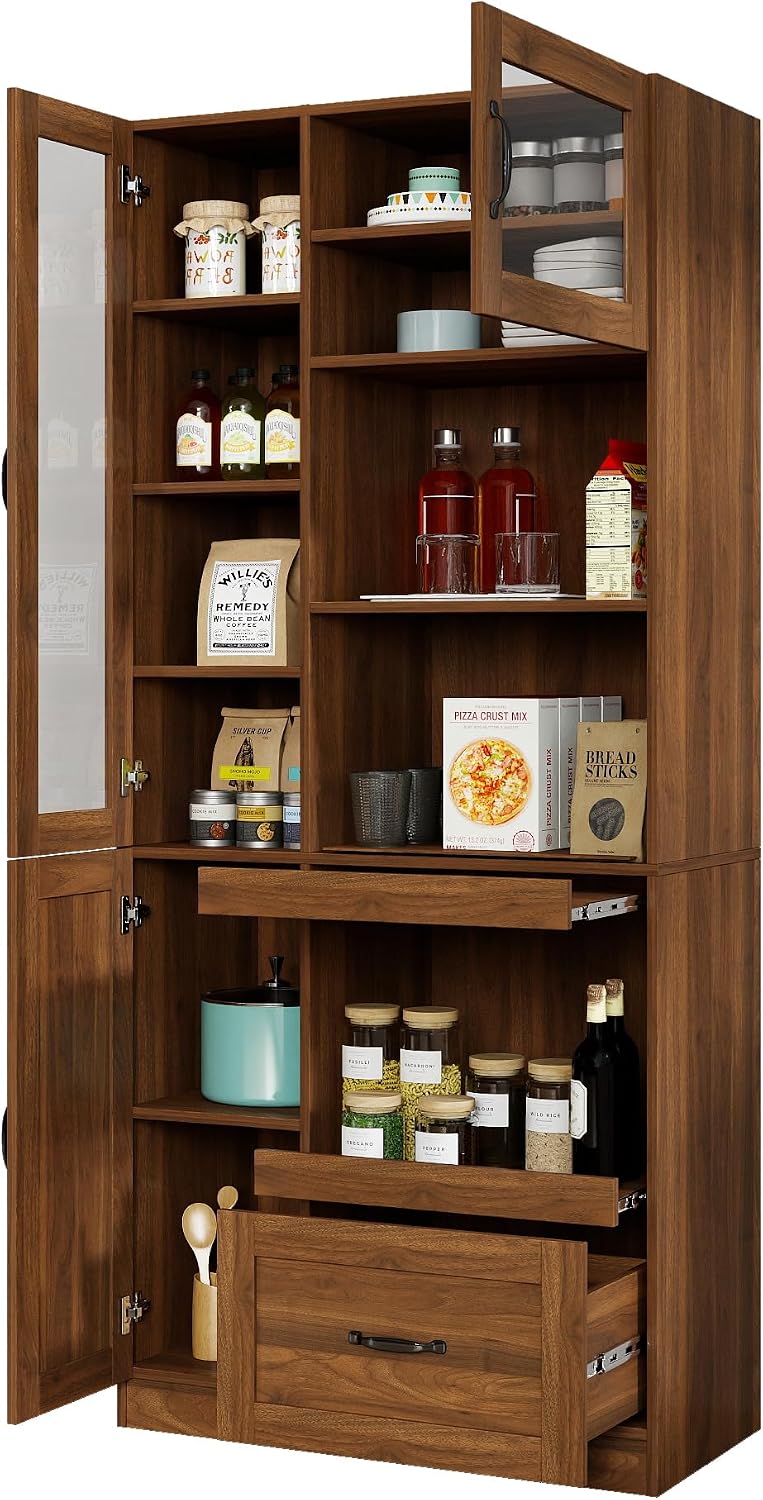 Walnut Kitchen Hutch Cabinet, Farmhouse Buffet Sideboard with Coffee Bar | Slide out tray, clear glass doors, open microwave counter, large bottom drawer, tall pantry cupboard, storage unit