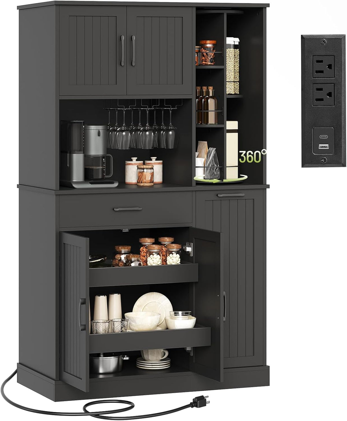 Pantry Cabinet, 67.7" Tall Kitchen Pantry Storage Cabinet with 360° Rotating Shelf & 2 Pull-Out Racks, Freestanding Kitchen Hutch with Charging Station & Drawer, for Dining Room, Black