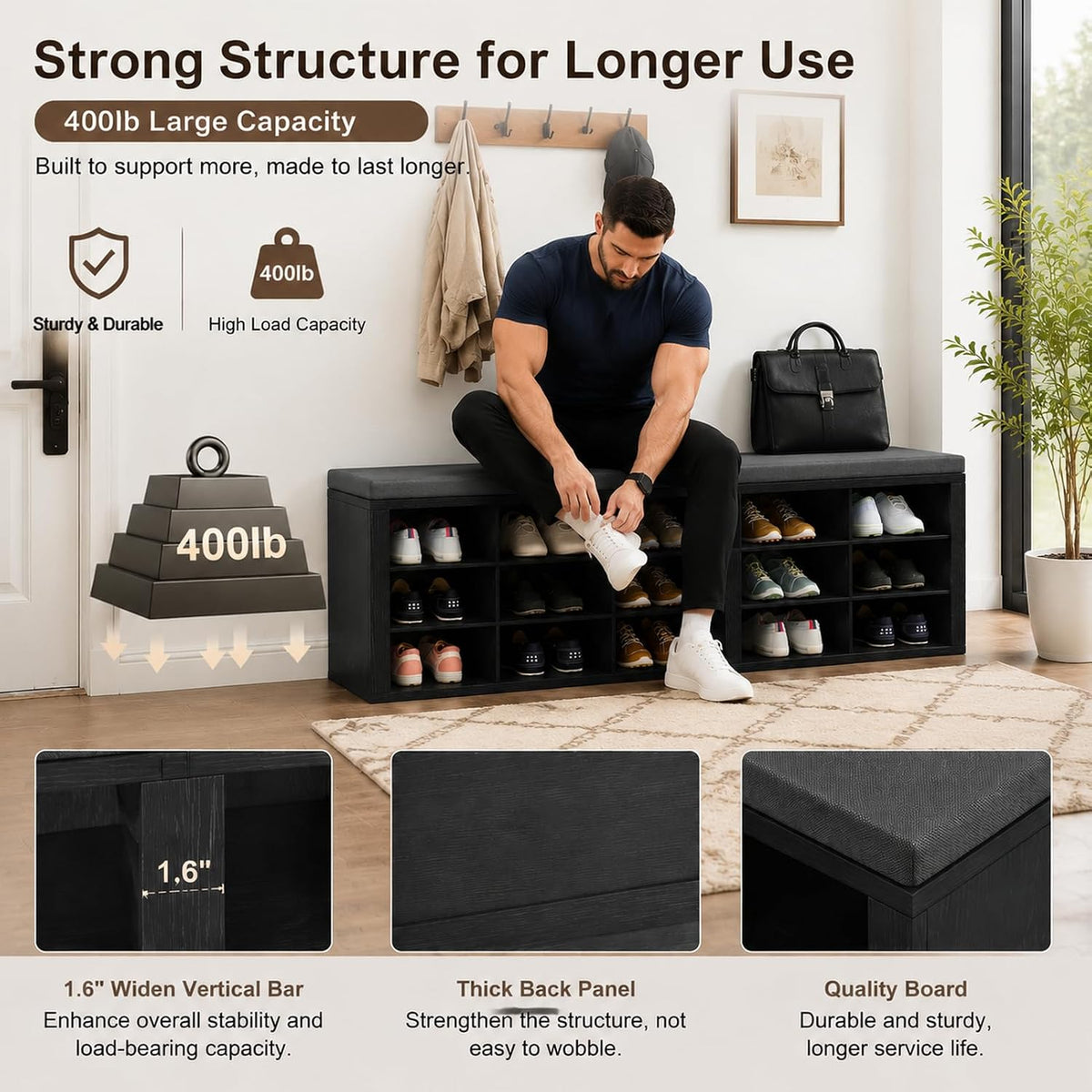 AMONIDA Shoe Storage Bench with Cushion, Entryway Bench with Shoe Storage,18 Cubby Shoe Bench with Removable Dividers, Shoe Organizer Bench for Entryway, Living Room, Light Grey (18, Black)