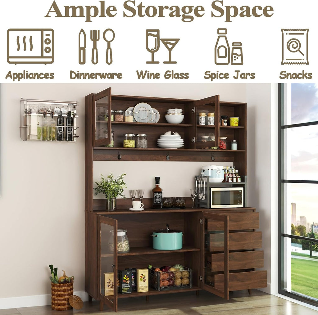 63” Kitchen Pantry Cabinet with Microwave Shelf & Countertop, Freestanding Storage Kitchen Hutch with Drawers & Glass Doors for Dining Room, Wooden Structure, Modern (Walnut)