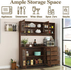 63” Kitchen Pantry Cabinet with Microwave Shelf & Countertop, Freestanding Storage Kitchen Hutch with Drawers & Glass Doors for Dining Room, Wooden Structure, Modern (Walnut)