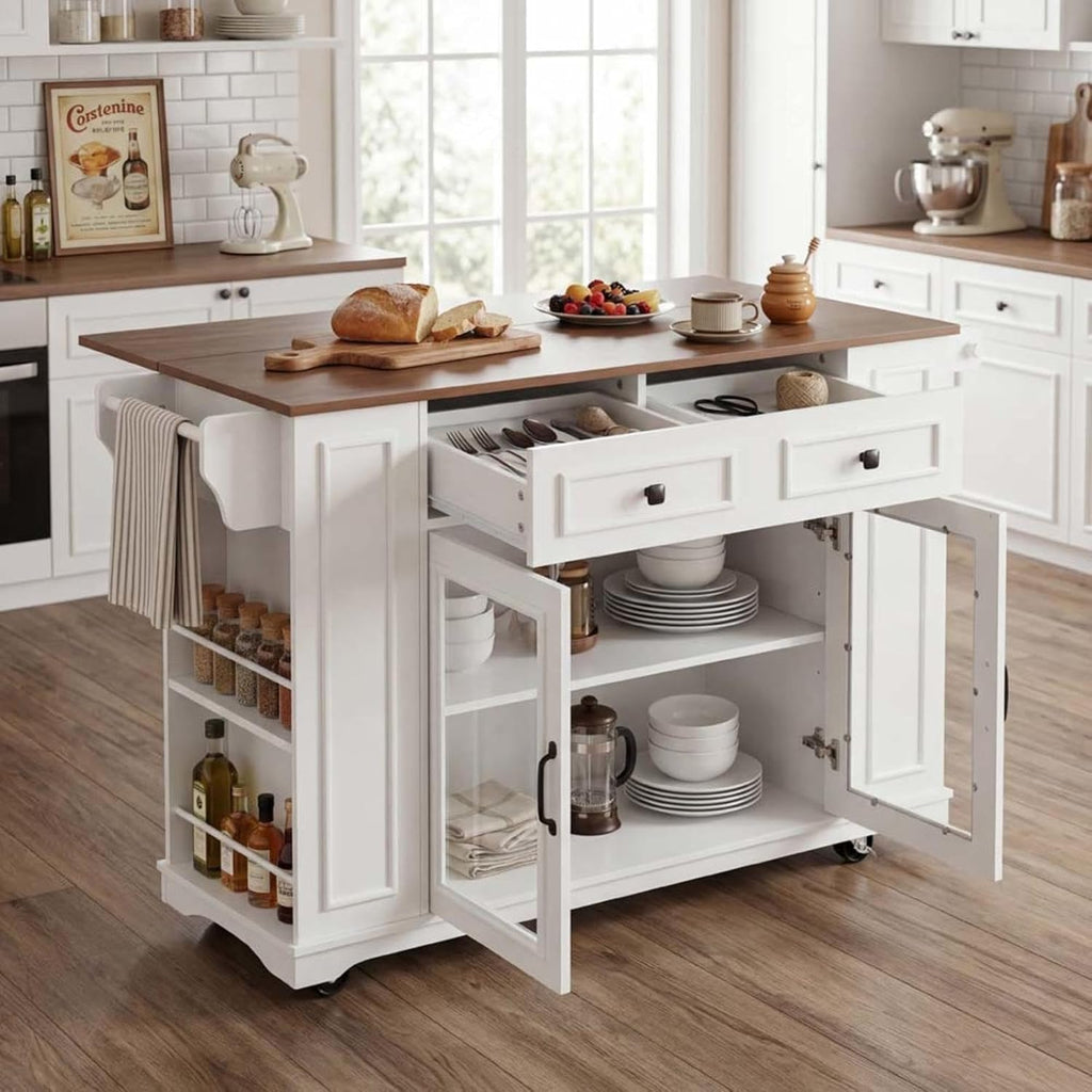 Movable Kitchen Island with Internal Storage Rack, Power Outlet and Open Shelves, Stationary Kitchen Storage Islands with Knife Holder, for Kitchen, Dining